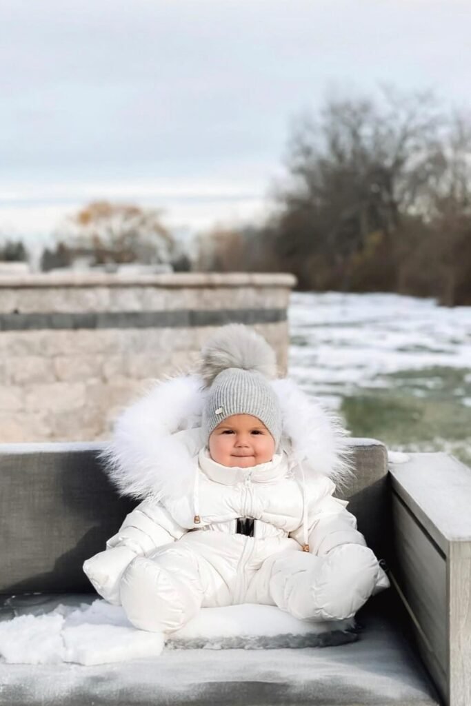 White Puffer Snowsuit + Grey Pom-Pom Beanie + White Boots