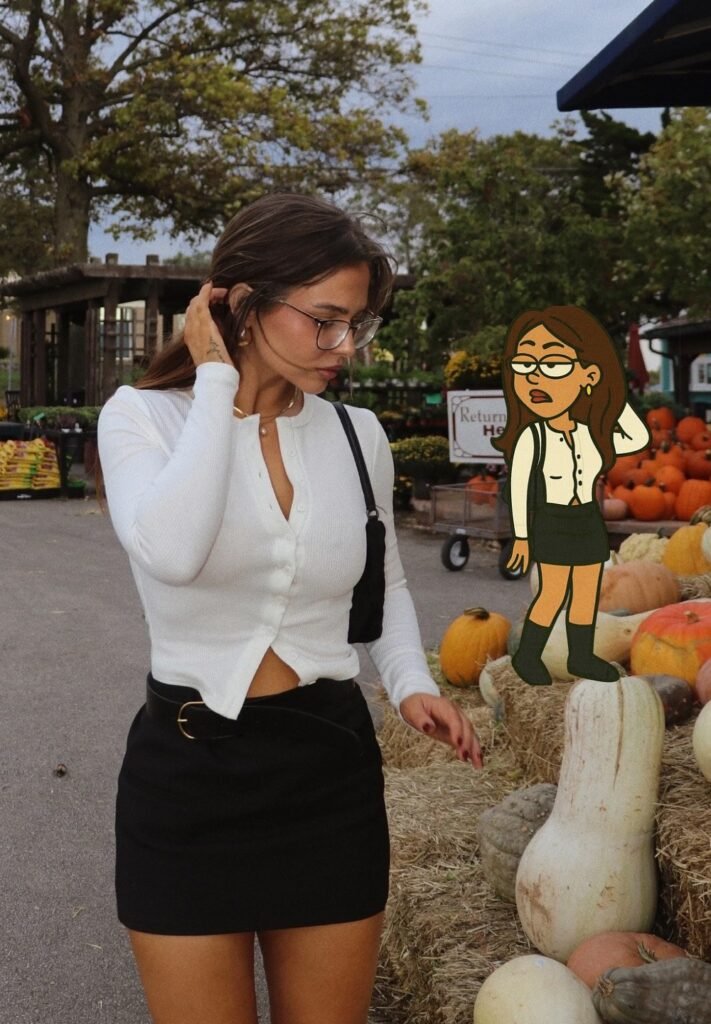 White Ribbed Button-Up Cardigan + Black Mini Skirt + Black Belt + Black Shoulder Bag + Glasses