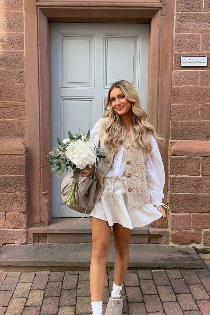 White Ruffle Blouse + Cream Mini Skirt + Beige Sherpa Vest + Grey Ankle Boots + Beige Handbag