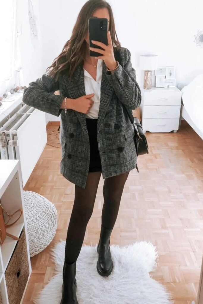 White Shirt + Black Mini Skirt + Plaid Blazer + Black Tights + Black Boots