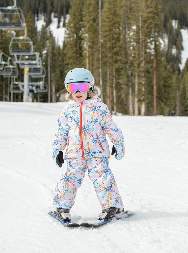 White Snow Jacket with Colorful Snowflake Print + Matching Snow Pants + Grey Gloves + Ski Helmet & Goggles