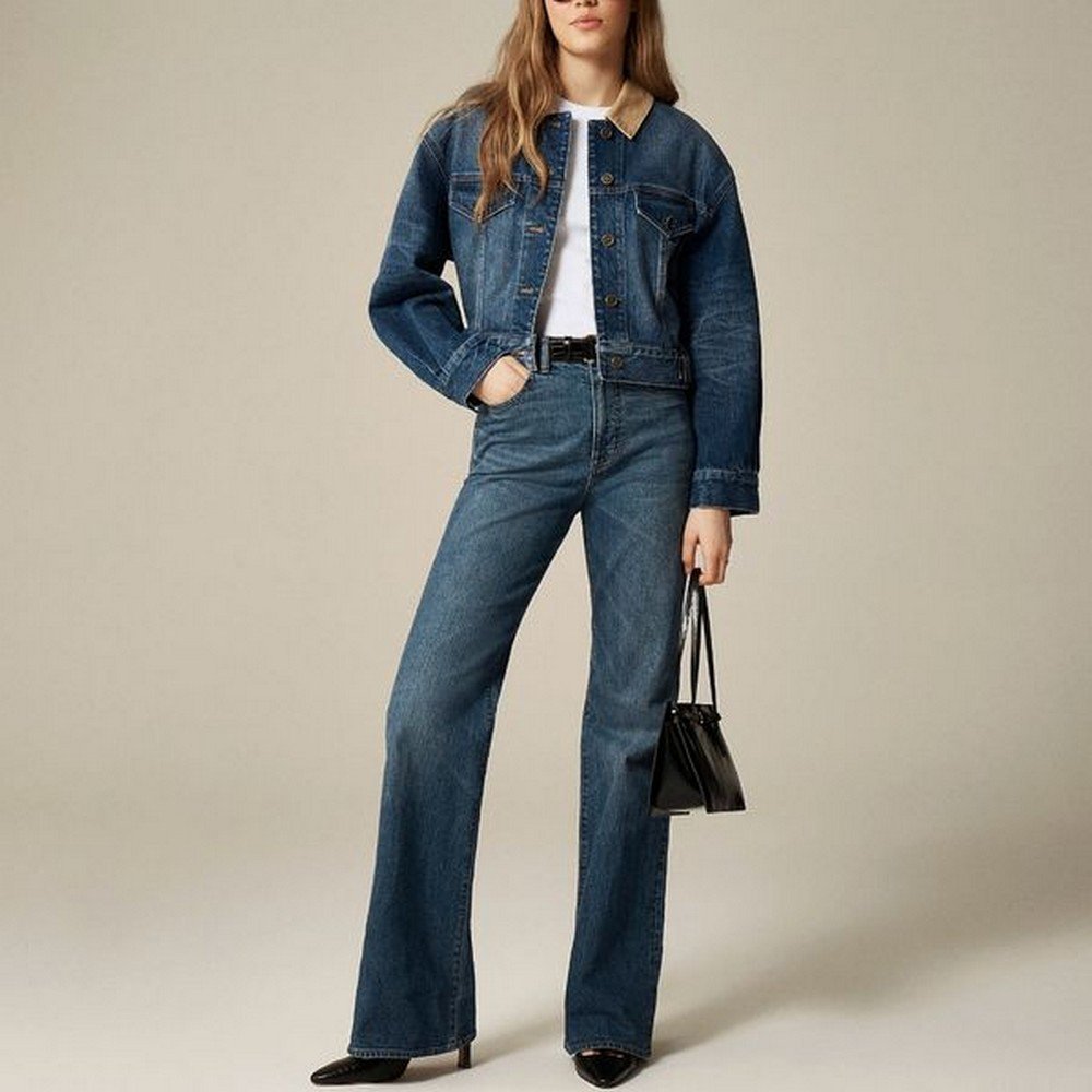 White T-shirt + Denim Jacket with Tan Collar + Dark Blue Flared Jeans + Black Pointed Heels + Black Mini Bag