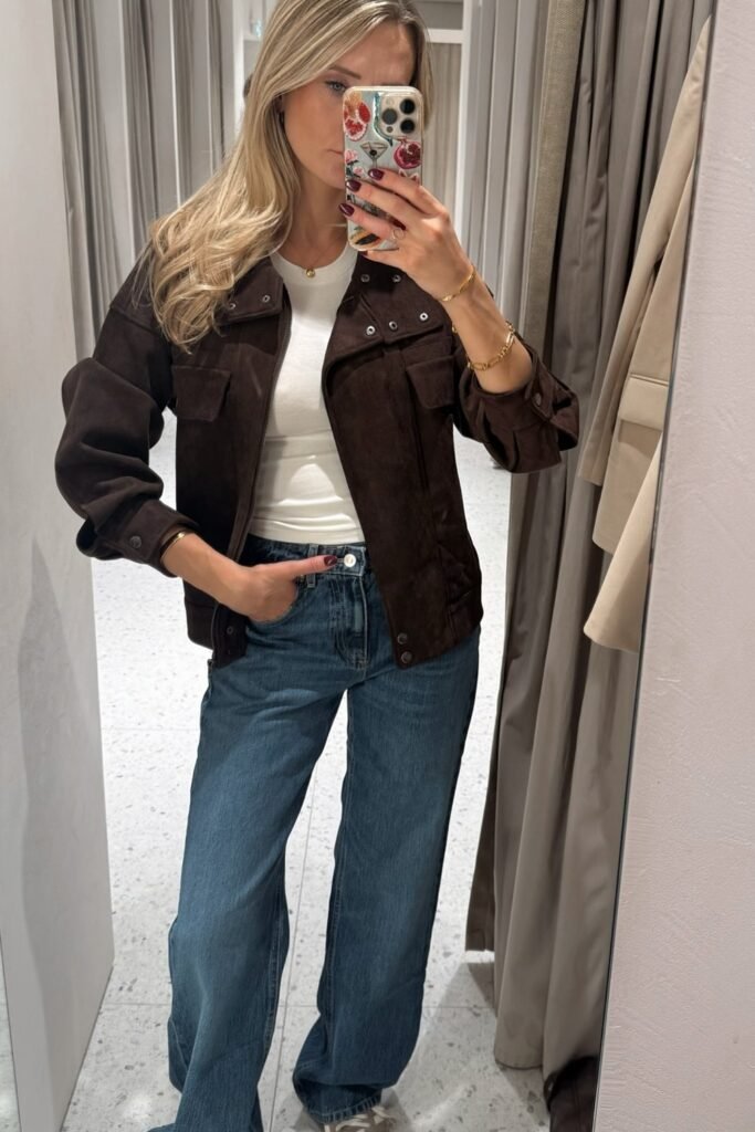 White Tank Top + Blue Straight-Leg Jeans + Dark Brown Suede Utility Jacket