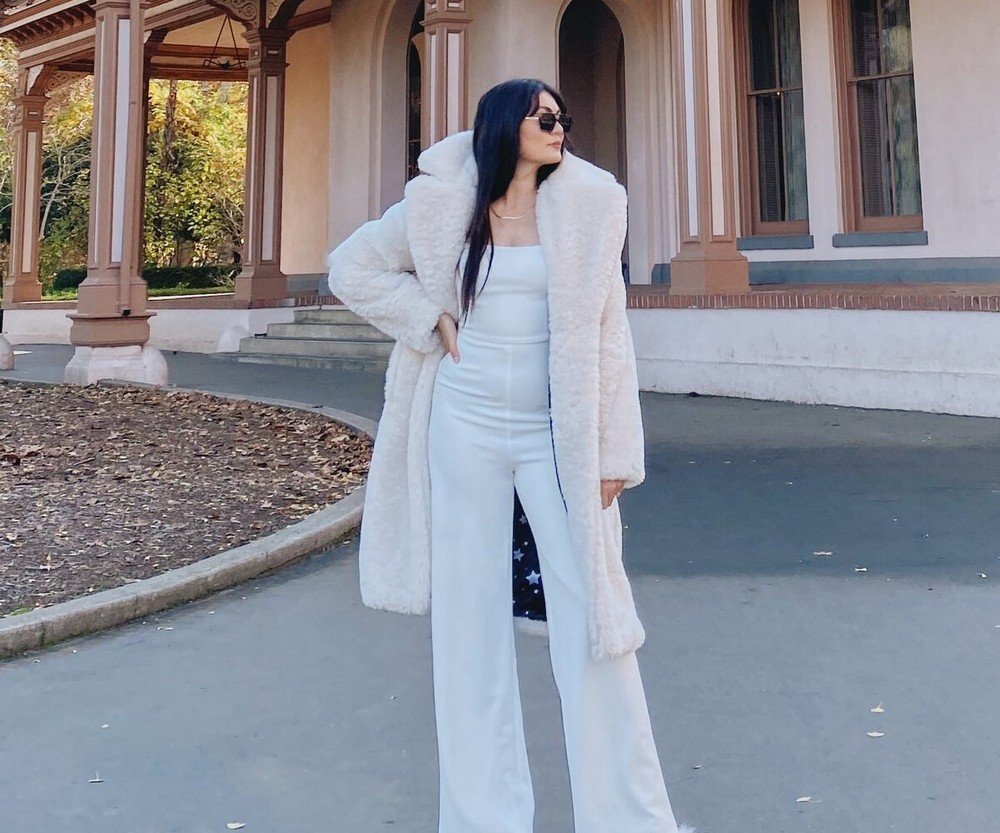 White Teddy Coat + White Jumpsuit + Square-Neck Top + Black Sunglasses