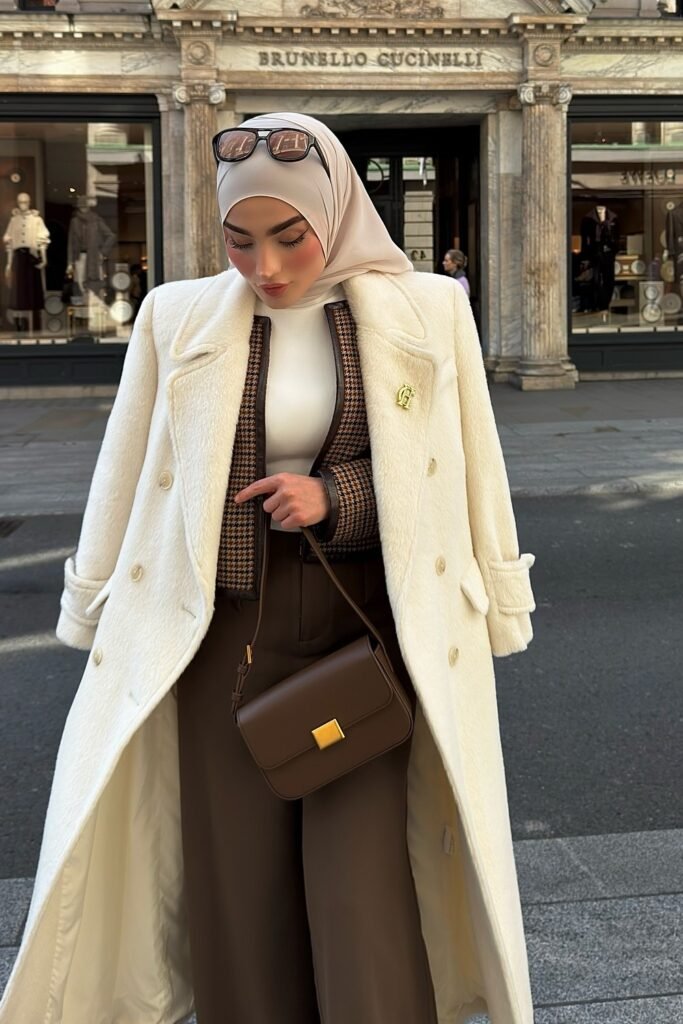 White Turtleneck Top + Brown Houndstooth Blazer + White Long Coat + Brown Wide-Leg Trousers + Beige Hijab + Brown Crossbody Bag