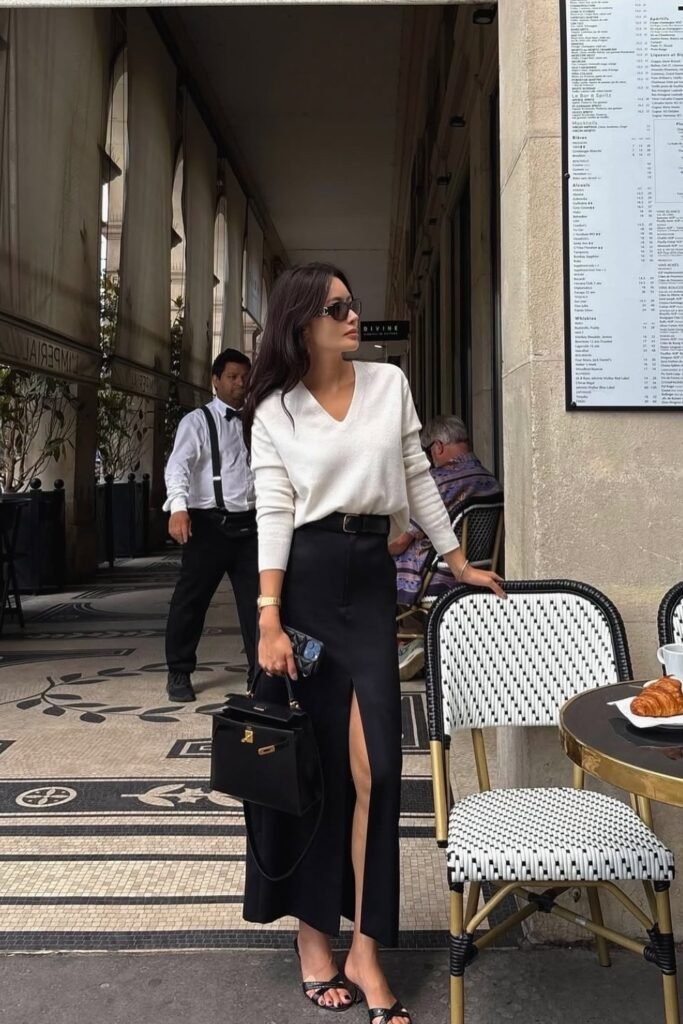 White V-Neck Sweater + Black Maxi Skirt with Slit + Black Handbag + Black Strappy Sandals