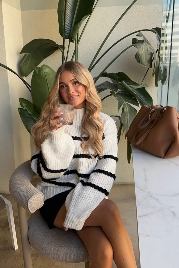 White and Black Striped Knit Sweater + Black Mini Skirt + Tan Tote Bag