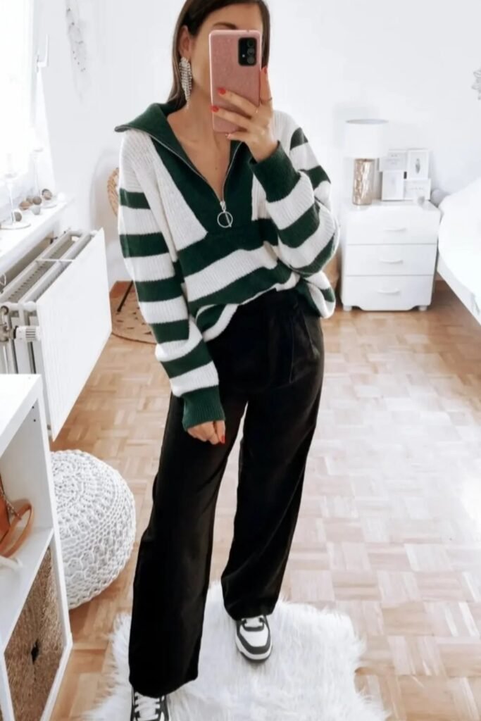 White and Green Striped Quarter-Zip Sweater + Black Wide-Leg Trousers + Black and White Sneakers