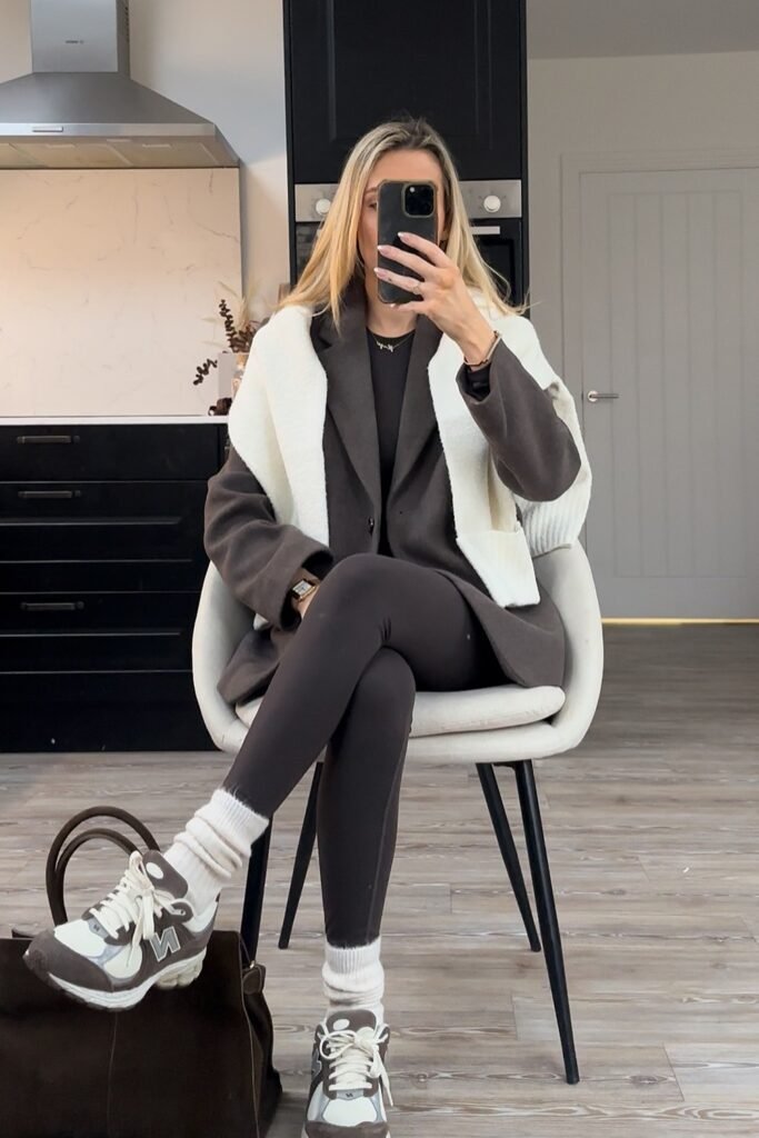 White/Brown Shawl Cardigan + Dark Brown Blazer + Dark Brown Leggings + White/Brown Sneakers