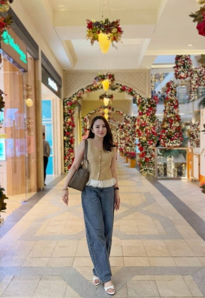 Woven Sleeveless Top with Ruffle Hem + Wide-Leg Jeans + White Heeled Sandals