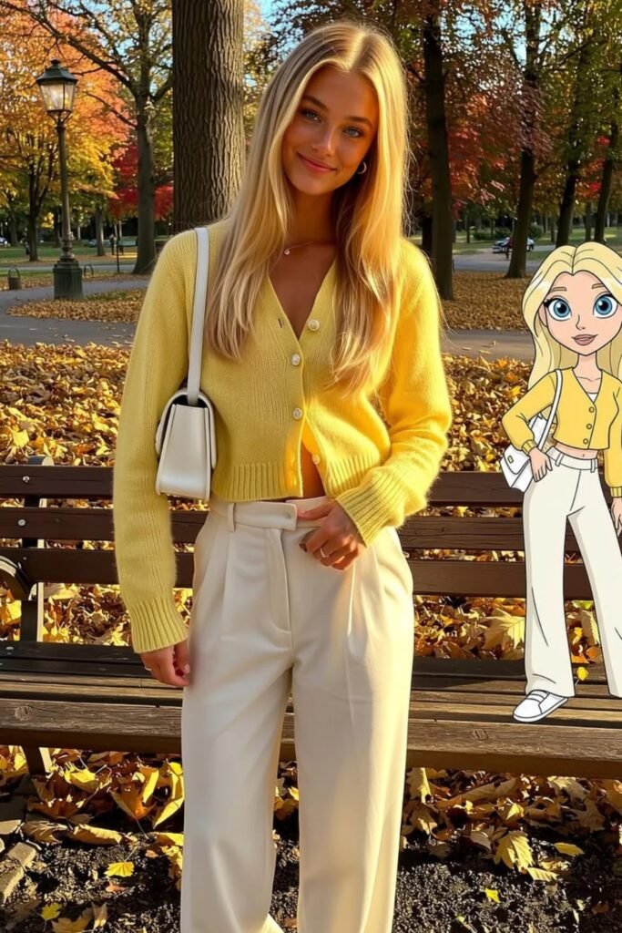 Yellow Cropped Cardigan + White Wide-Leg Trousers + White Shoulder Bag