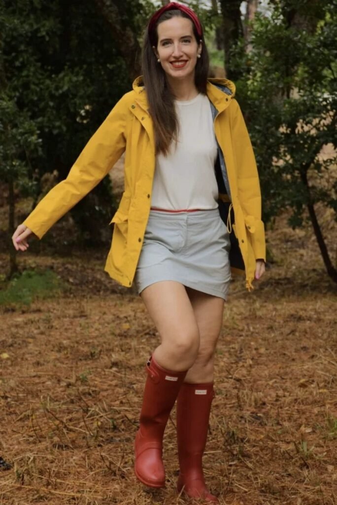 Yellow Rain Jacket + White Tee + Light Blue Mini Skirt + Red Rain Boots