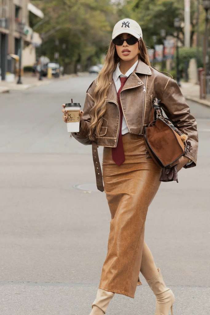 White Collared Shirt + Red Tie + Brown Cropped Leather Jacket + Tan Faux Leather Midi Skirt + Beige Ankle Boots