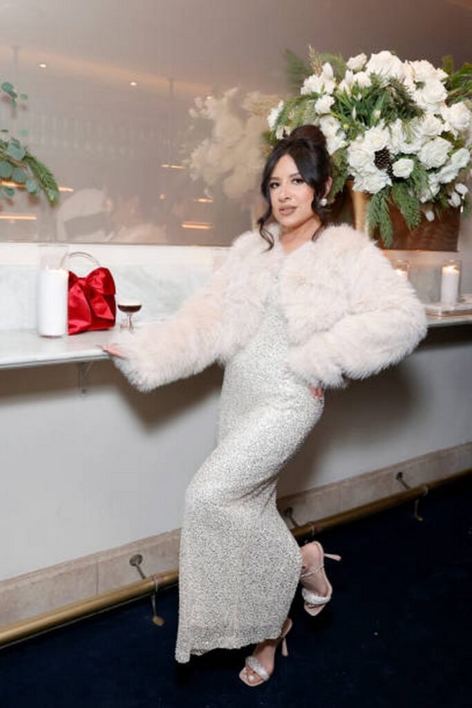 Long White Sequin Slip Dress and Cropped Cream Faux Fur Jacket