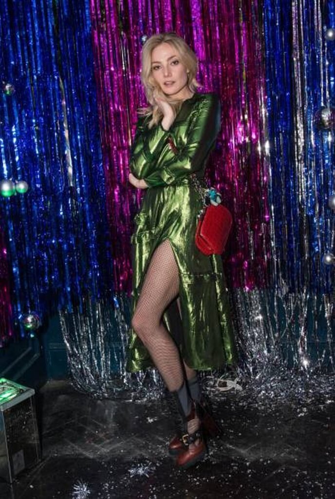 Metallic Green Slit Midi Dress, Fishnets, and Boots