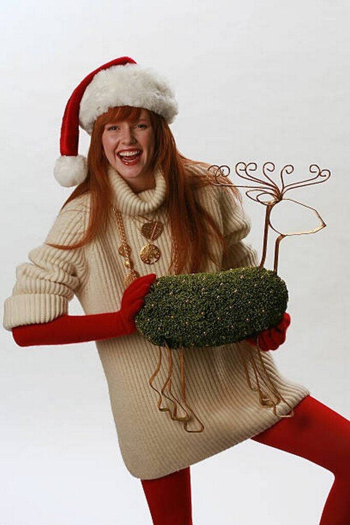 Oversized Turtleneck Sweater with Santa Hat and Red Tights
