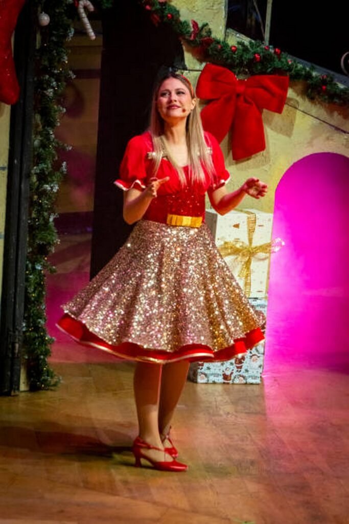 Red Bodice with Yellow Belt and Gold Sequin Skater Skirt with Red Heels