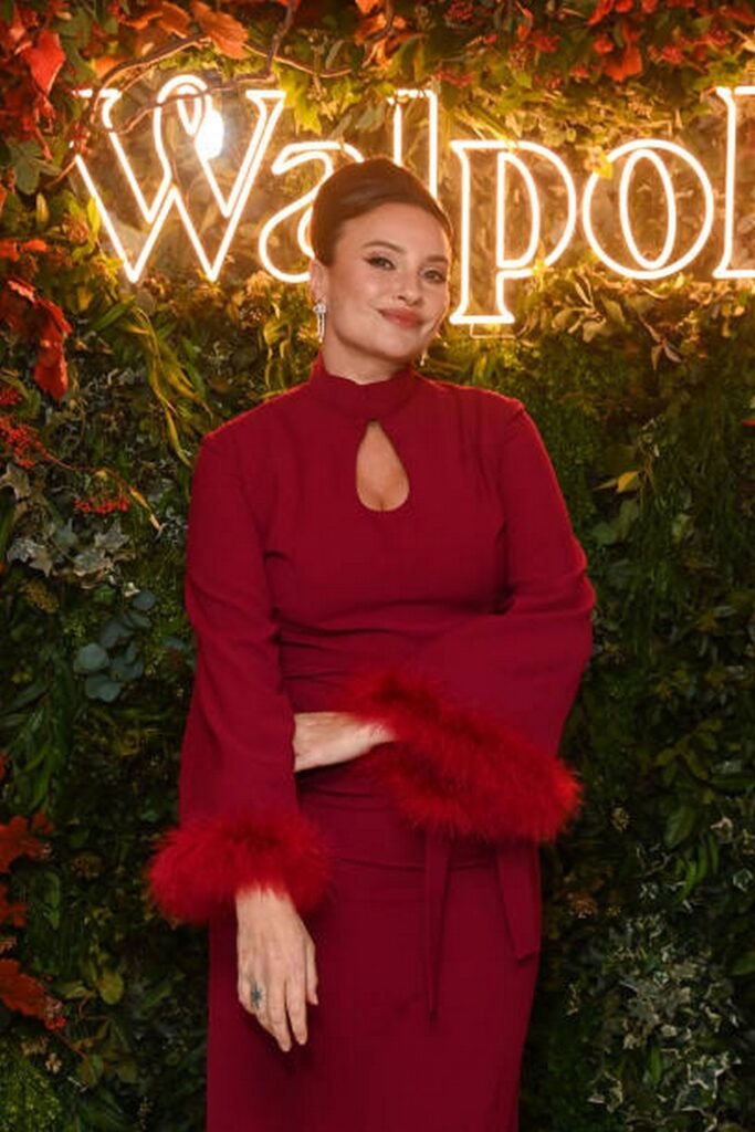 Red High-Neck Keyhole Dress with Marabou Feather Cuffs