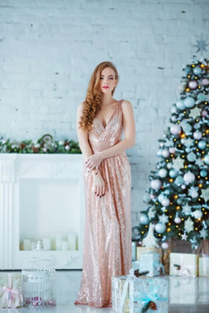 Rose Gold Sequin V-Neck Maxi Dress