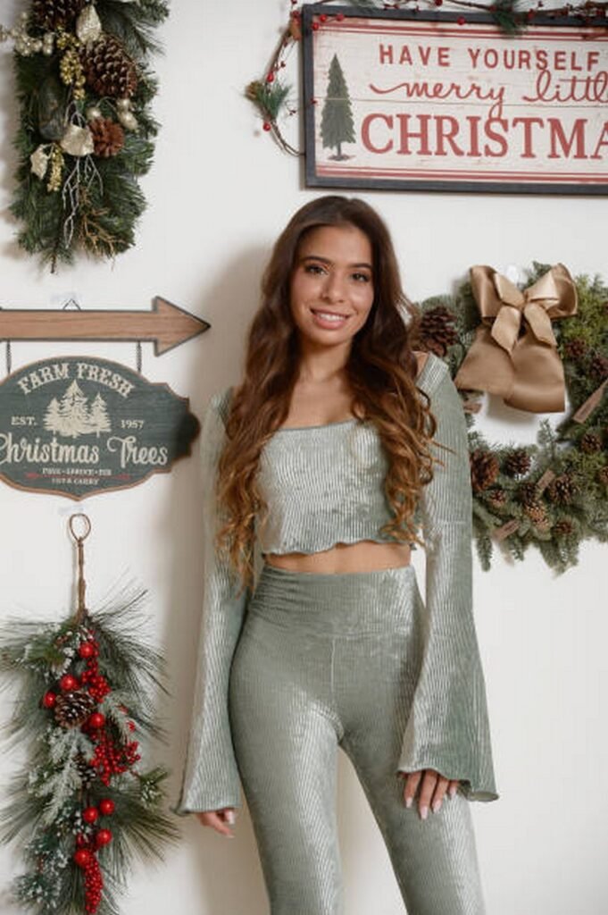 Sage Green Crushed Velvet Bell-Sleeve Crop Top and Matching Leggings