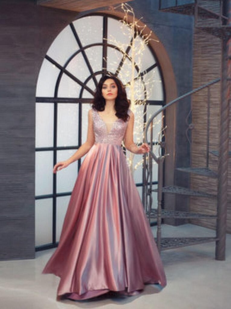 Satin Mauve/Pink Plunging Neckline Gown