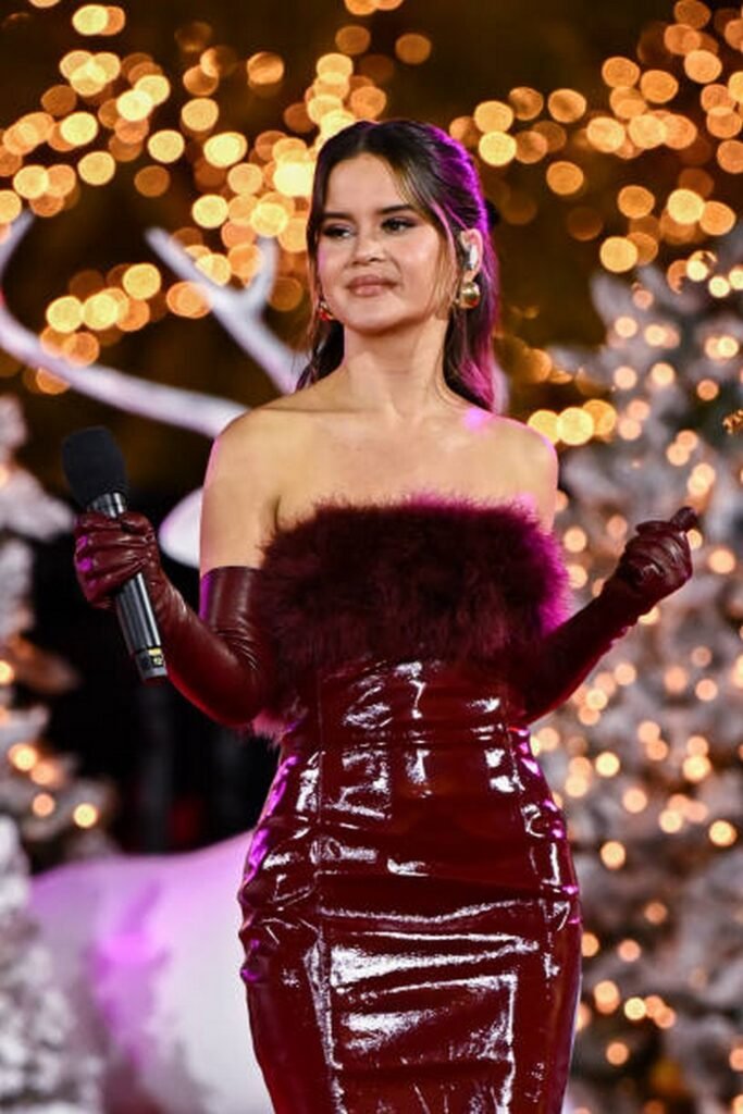 Shiny Deep Red Strapless Dress with Faux Fur Trim and Matching Opera Gloves