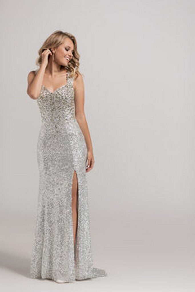 Silver Sequin Spaghetti Strap Gown with High Slit