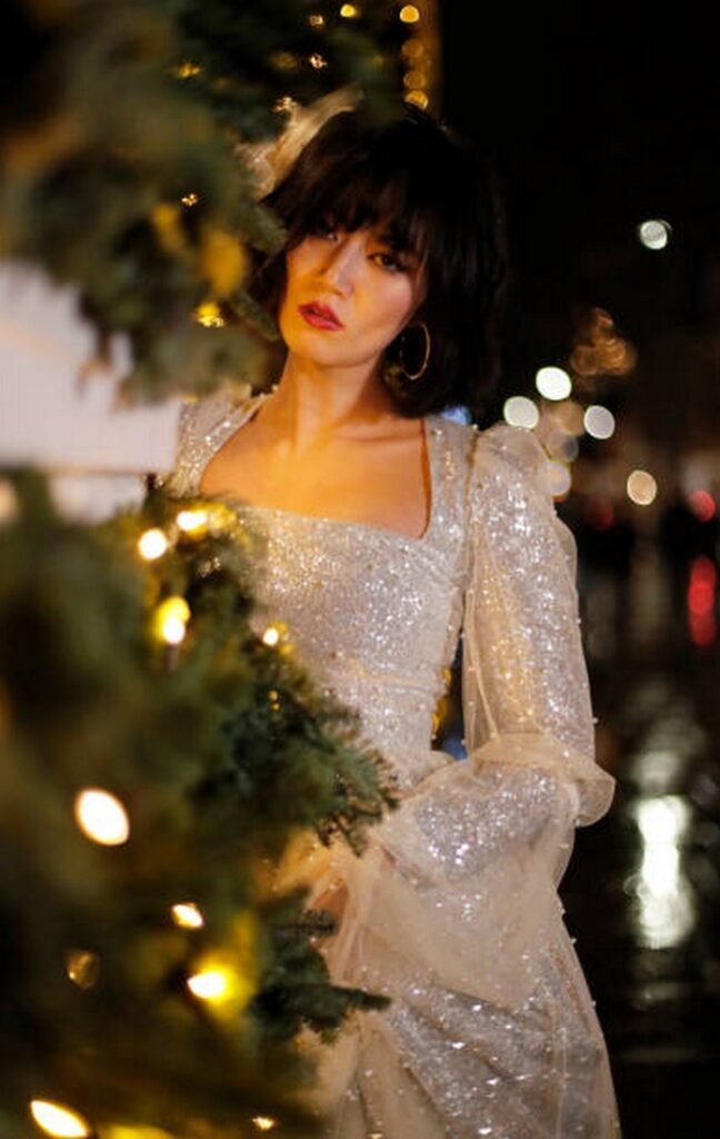 Silver Sequined Square-Neck Gown with Sheer Sleeves