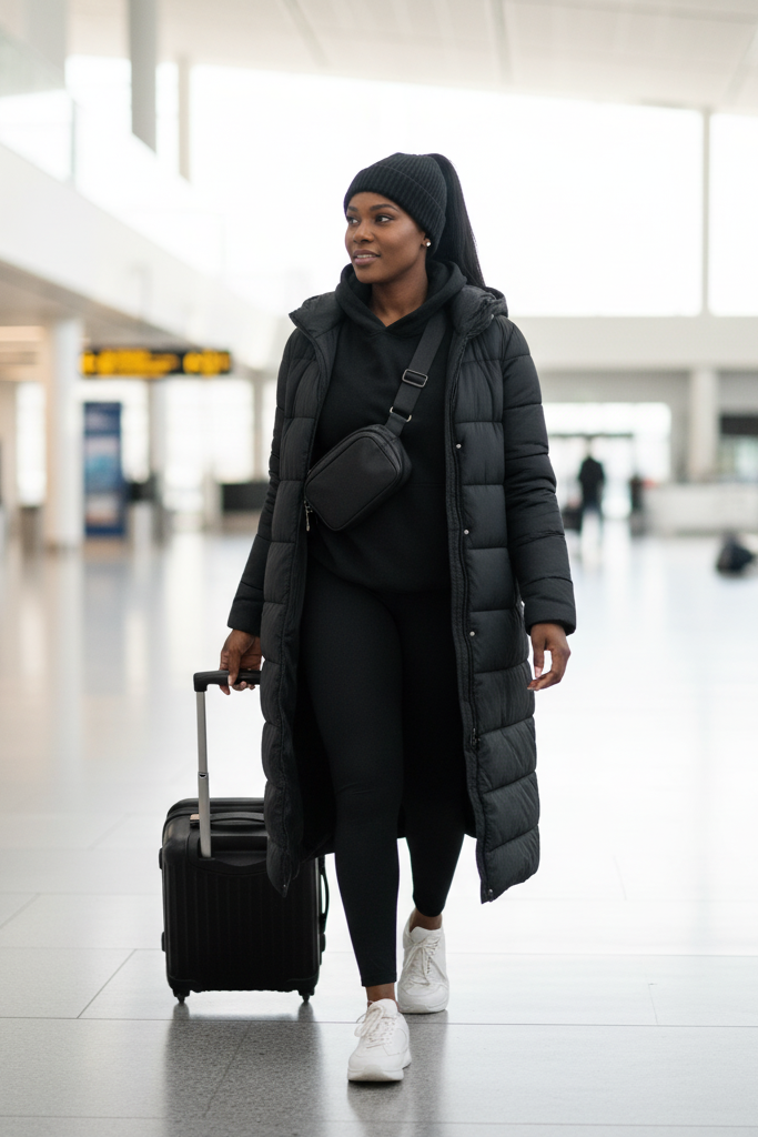 A Black woman with a medium brown complexion and her hair in a sleek ponytail wheels a carry-on suitcase through a bright, modern airport terminal. She is wearing a black, stylish hoodie, black leggings, and a long, sleek black puffer coat. She has on white, supportive sneakers and a black beanie, with a crossbody bag across her chest.