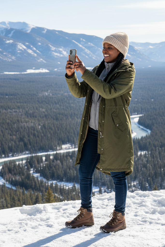 A Black woman with a warm, medium-brown skin tone and her hair in two French braids stands at a scenic overlook, taking photos on her phone. She wears a long, olive green waterproof parka over a grey fleece and dark wash jeans. She has on sturdy, waterproof brown boots and a cream-colored beanie, ready for a day of winter exploration.