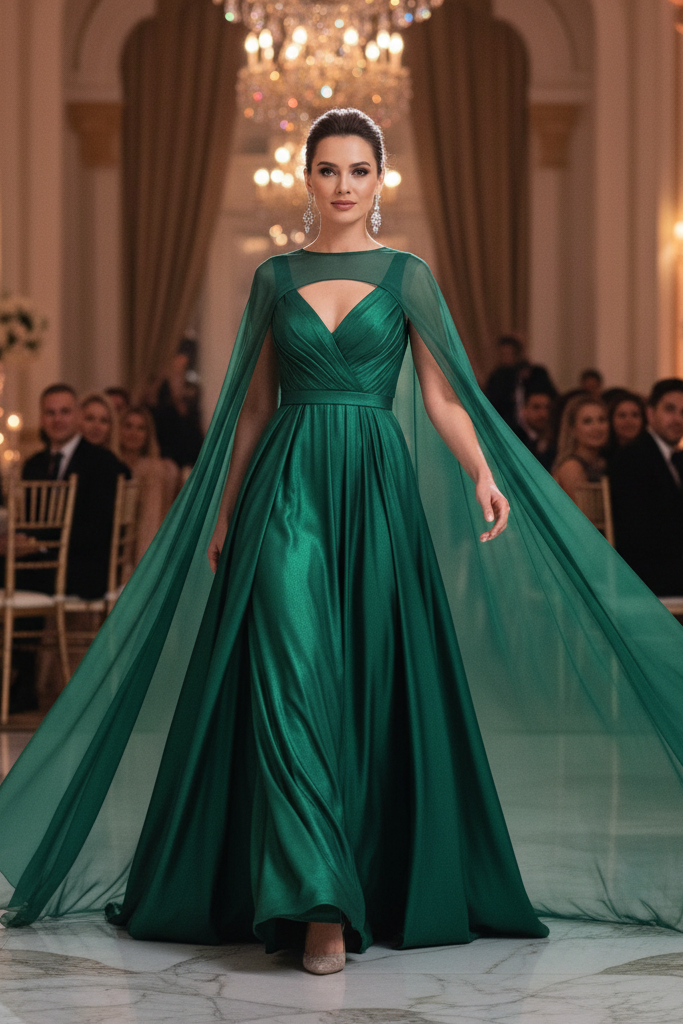 The Aspen Green Caped Dress + Chandelier Earrings