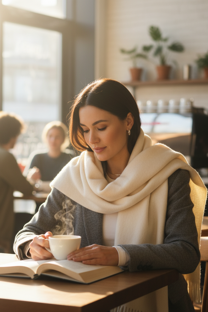 A woman sits in a coffee shop before work, reading a book. She wears a grey wool blazer with a large, cream cashmere scarf draped elegantly over her shoulders and tucked under the blazer lapels.