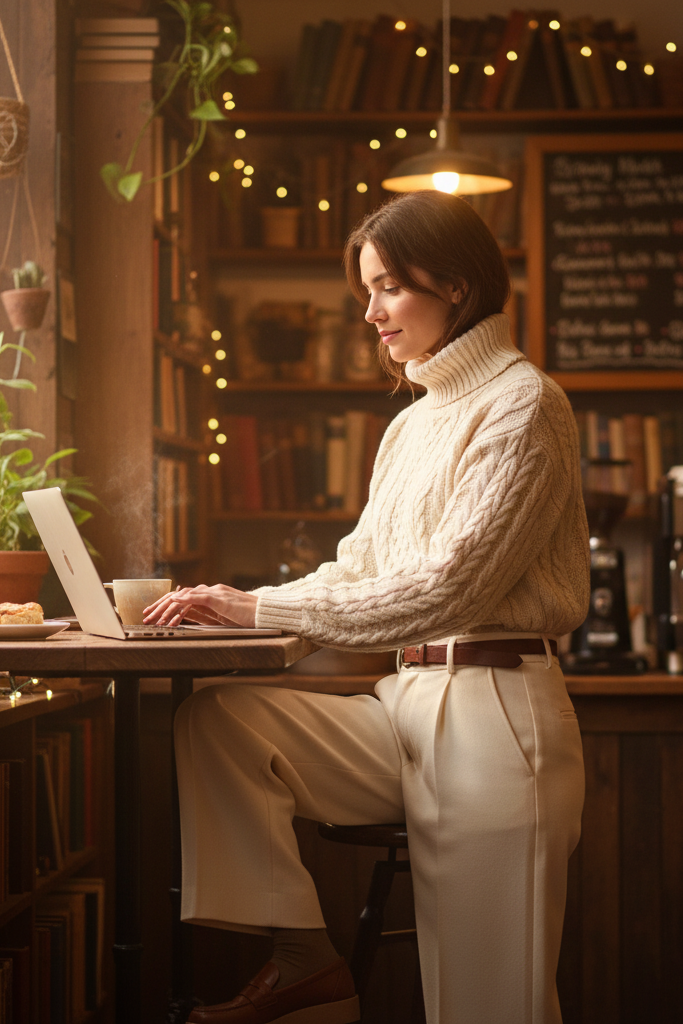 The Cable-Knit Turtleneck & Wide-Leg Wool Trousers