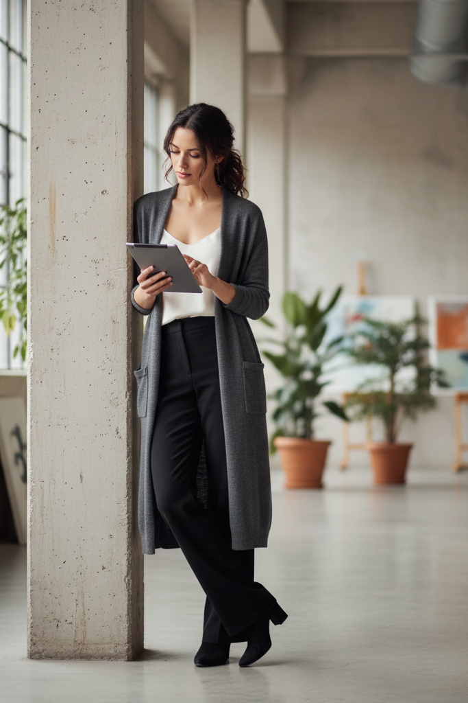 A woman in a creative studio space leans against a wall, reviewing a document. She wears a long, grey, open-front cardigan over a white silk shell and black trousers.