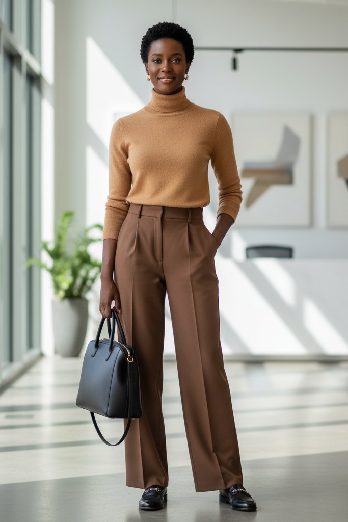 A Black woman with deep espresso skin and a chic TWA (Teeny Weeny Afro) stands in a modern, sunlit office lobby. She wears a fitted, camel-colored cashmere turtleneck tucked into high-waisted, wide-leg brown trousers. She carries a black leather tote and has black leather loafers on her feet. Her posture is confident and professional.