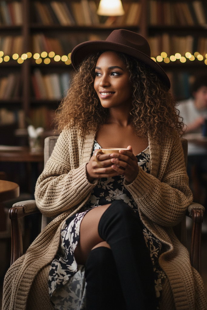 A Black woman with a warm, honey-toned complexion and long, flowing curls sits in a cozy, book-lined café. She wears a long, beige, chunky knit cardigan open over a black and white floral print slip dress. She has on black over-the-knee boots and a wide-brimmed felt hat, creating a sophisticated and cozy atmosphere.