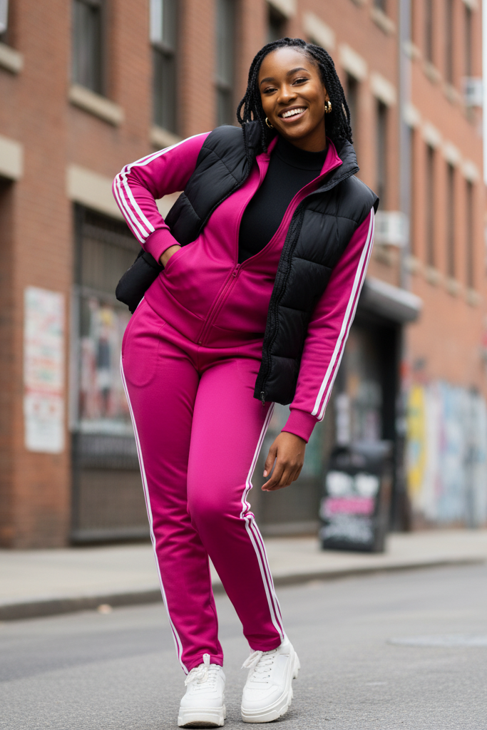 A full-body shot of a young Black woman with a golden-brown complexion and Bantu knots, posing playfully in an urban setting. She wears a vibrant magenta tracksuit with white stripes. A black puffer vest is layered over it, and she has a black bodysuit underneath. Her feet are in chunky, white platform sneakers, and she accessorizes with small gold earrings.