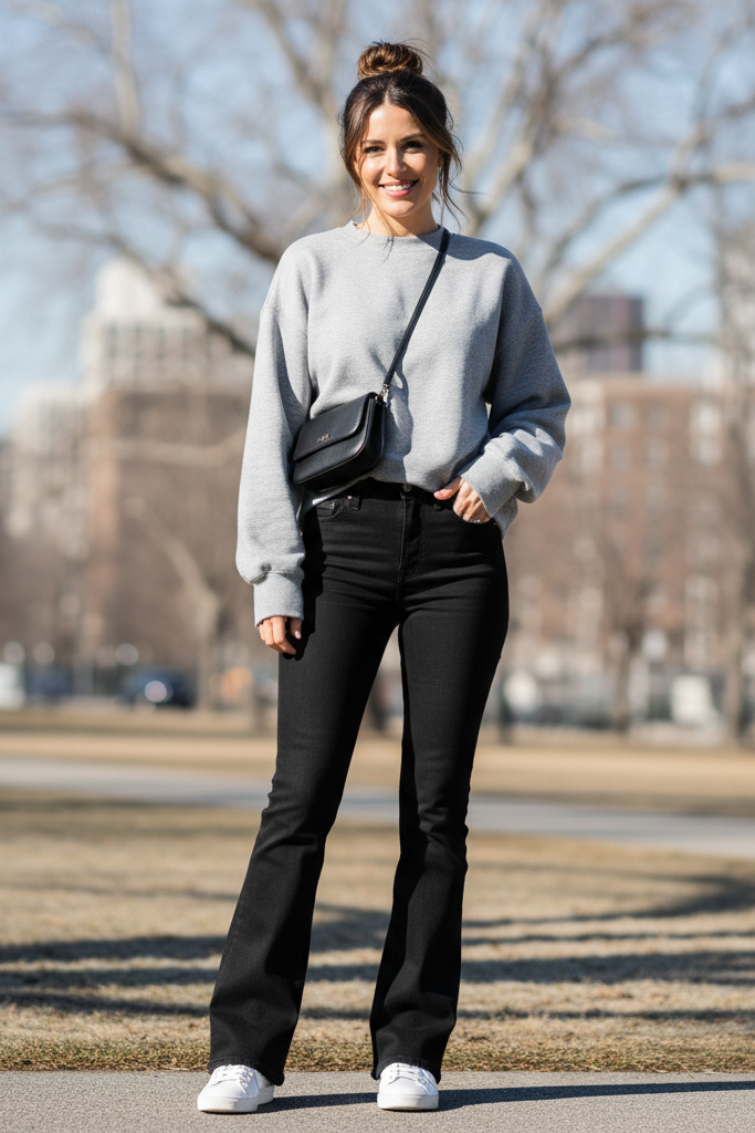 The Cozy Grey Sweatshirt + Black Flared Jeans + White Sneakers