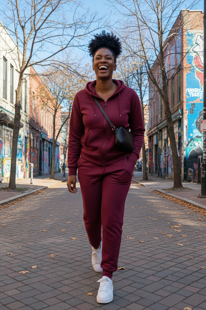 A full-body shot of a Black woman with deep brown skin and her natural hair in a high puff, laughing as she walks through a vibrant neighborhood on a crisp, sunny day. She is wearing a matching, tailored-fit burgundy sweatsuit a zip-up hoodie and joggers. The fabric has a soft, textured look. On her feet are pristine white leather sneakers, and she carries a small, black crossbody bag. The background features colorful street art and leafless trees, shot in a sharp 2:3 aspect ratio.