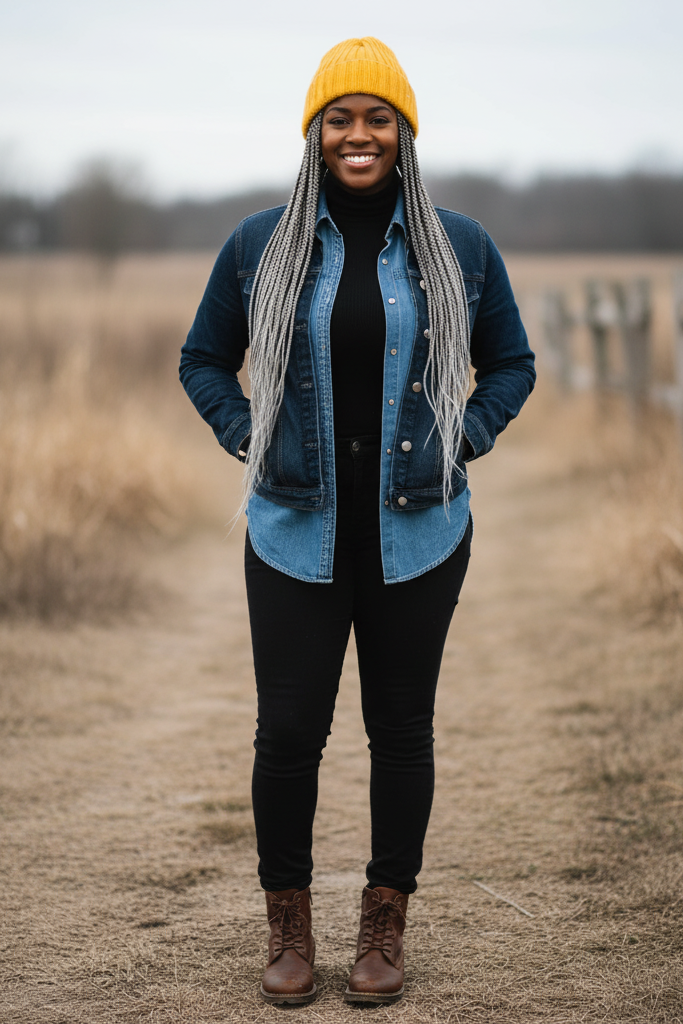 A Black woman with a rich, dark skin tone and silver box braids stands in a rustic, outdoor setting. She wears a dark wash denim jacket over an unbuttoned, medium-wash denim shirt. Underneath, a black turtleneck is visible. She has on black skinny jeans and brown leather ankle boots. A bright yellow beanie adds a pop of color to her ensemble.