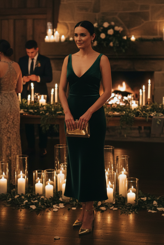 The Emerald Velvet Midi + Gold Heels