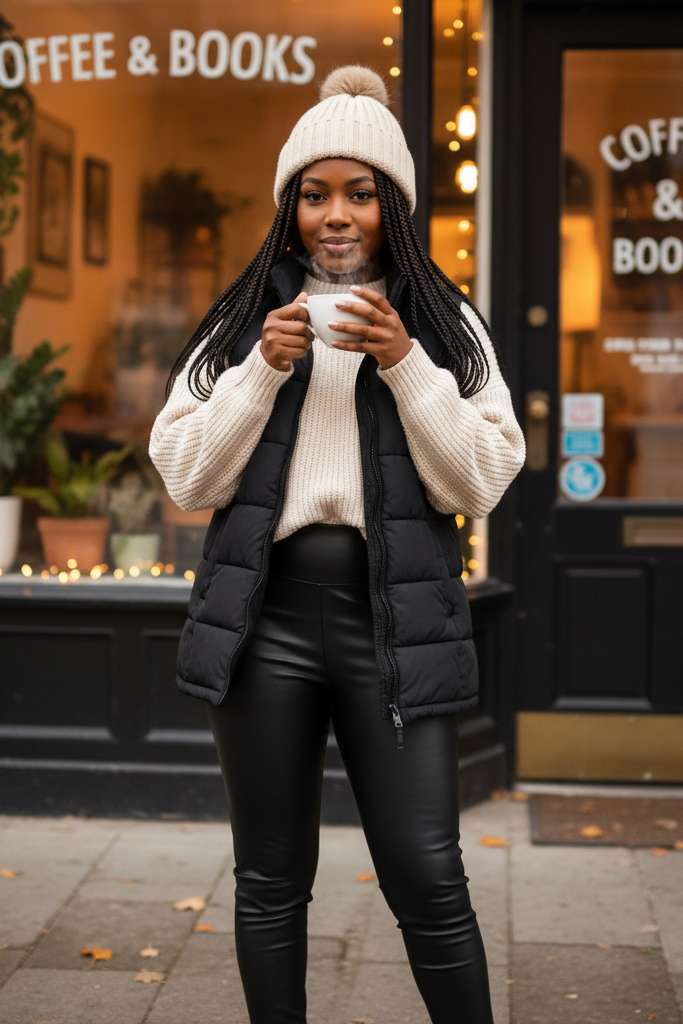 A medium shot of a Black woman with a honey-toned complexion and box braids, carrying a coffee cup outside a cozy café. She wears an oversized, chunky-knit cream sweater and high-waisted black faux leather leggings with a subtle sheen. A black quilted puffer vest is layered on top, unzipped. She has on black suede ankle boots, and a beanie sits slightly back on her head, showcasing her braids.