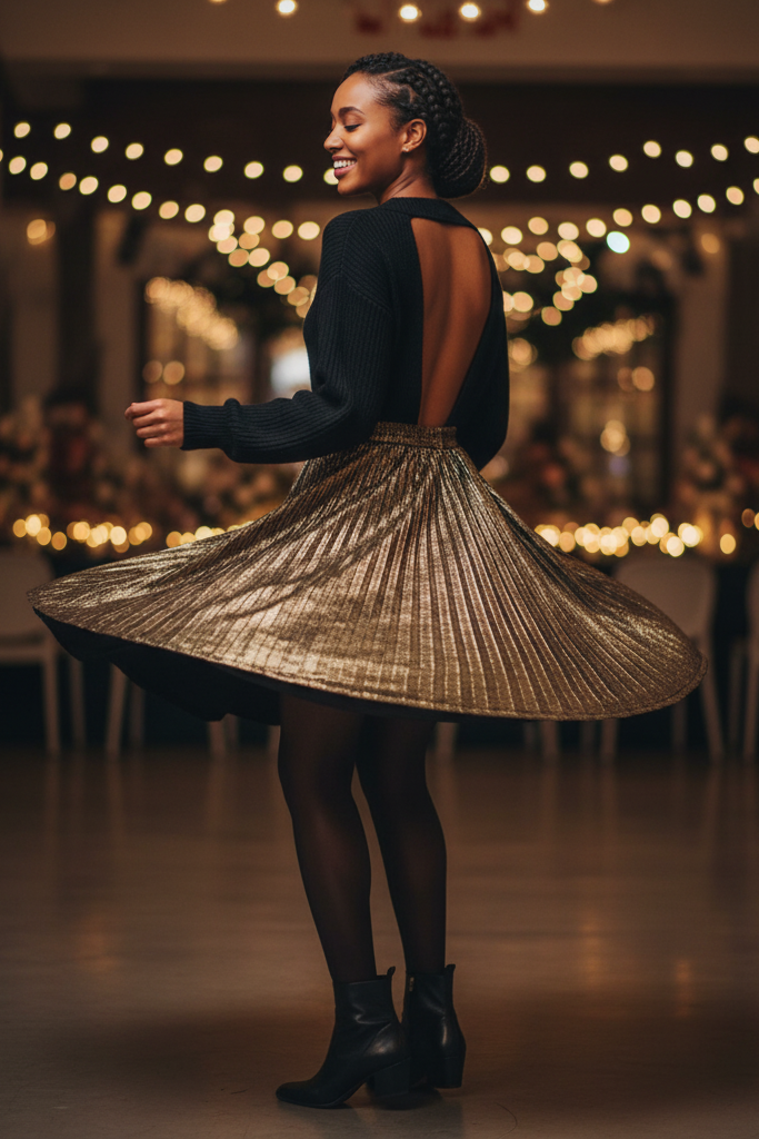 A Black woman with a honey-toned complexion and her natural hair in a halo style dances at a party. She wears a black, long-sleeved sweater with a dramatic low back, tucked into a high-waisted, gold pleated midi skirt. She has on sheer black tights and black leather ankle boots, spinning so the skirt flows around her.