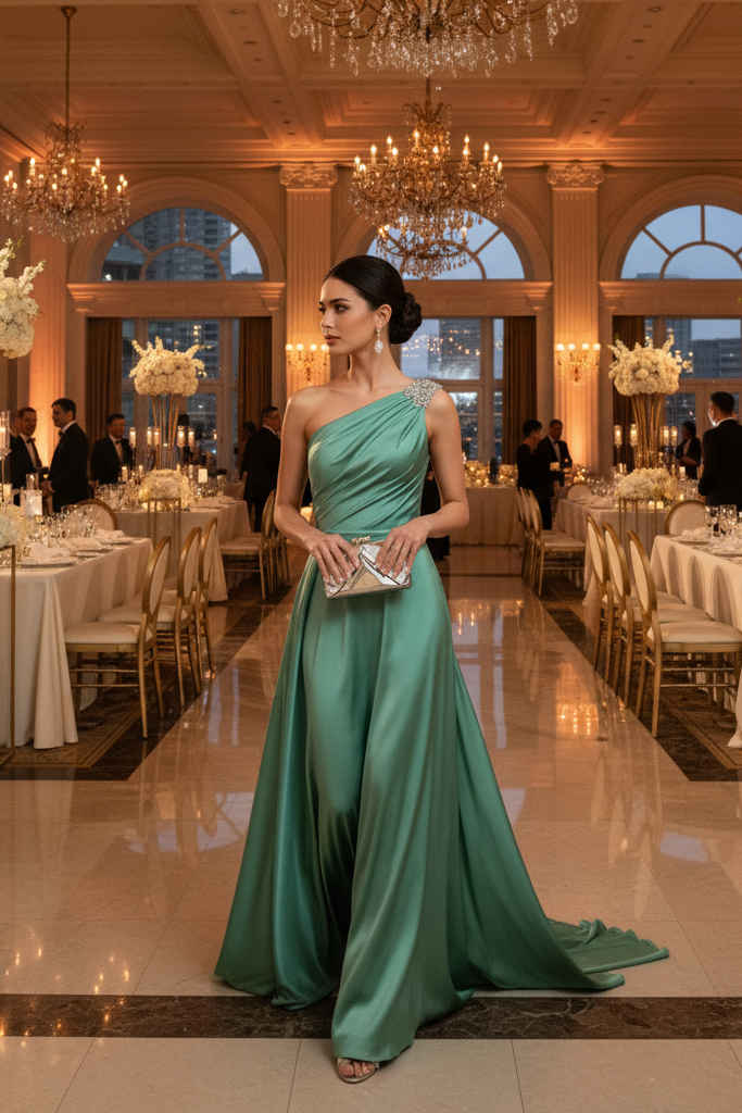 The Jade One-Shoulder Gown + Metallic Clutch