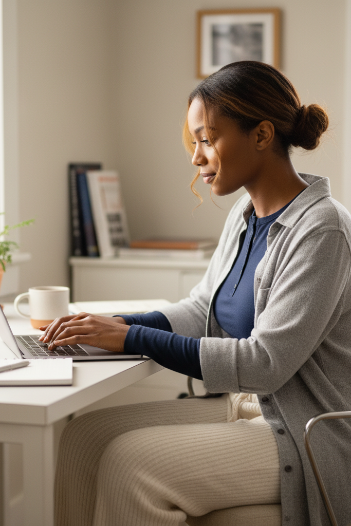 A Black woman with a golden-brown skin tone and her hair in a low bun is working from home at her desk, typing on a laptop. She is wearing a navy blue long-sleeved thermal base layer under an unbuttoned, soft grey henley shirt. She has on thick, cream-colored, ribbed-knit lounge pants. Her home office setup is tidy and stylish.