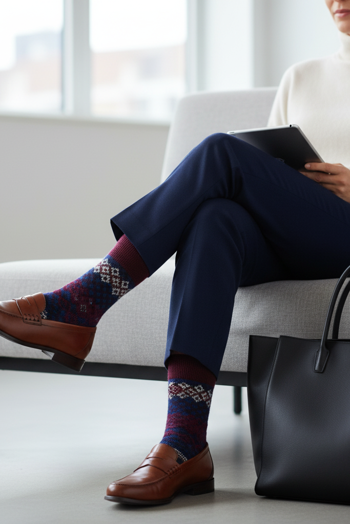 A medium shot of a woman sitting on an office sofa, crossing her legs. She wears navy trousers, brown leather loafers, and a visible pair of burgundy and navy fair isle patterned wool socks.