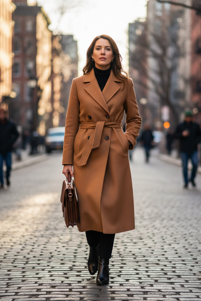 A woman walks to work on a crisp urban street, her breath visible in the cold air. She wears a elegant, double-breasted camel wool coat over a professional outfit, carrying a leather briefcase. The city background is slightly blurred.