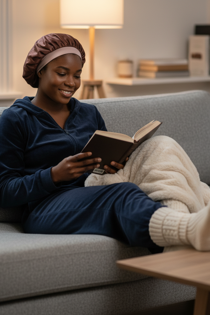 A candid, cozy shot of a Black woman with deep brown skin and her hair in a satin bonnet, lounging on her modern sofa with a book. She is wearing a matching set of a navy blue velour zip-up hoodie and jogger pants. She has on thick, cozy socks and is smiling contentedly, wrapped in a soft faux fur blanket.