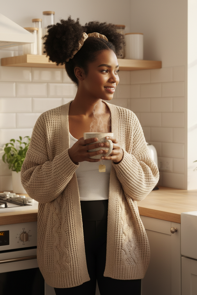 A Black woman with a medium brown skin tone and her hair in two long puffs stands in her sunny kitchen, preparing a cup of tea. She wears an oversized, beige, chunky knit cardigan over a white tank top and black leggings. She is holding a mug and looking out the window, embodying domestic comfort.