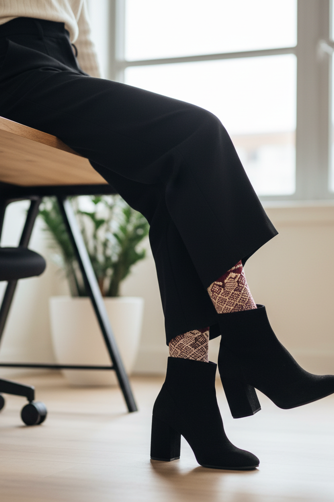 A woman's feet are visible under her desk, wearing a pair of sophisticated, black suede ankle booties with a wide block heel. They are paired with cropped, wide-leg trousers and a glimpse of a patterned sock.